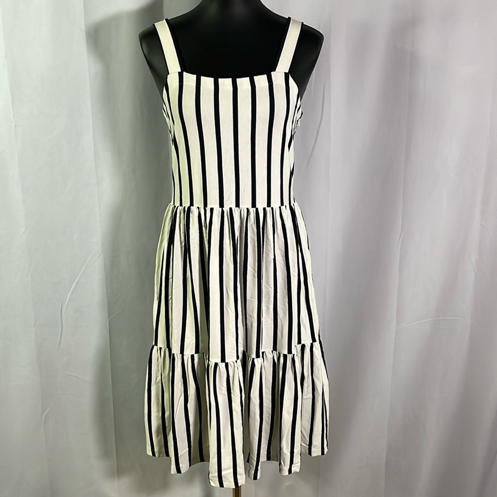 NWT LOFT Navy & White Striped Sleeveless Tiered Ruffle Hem Midi Dress